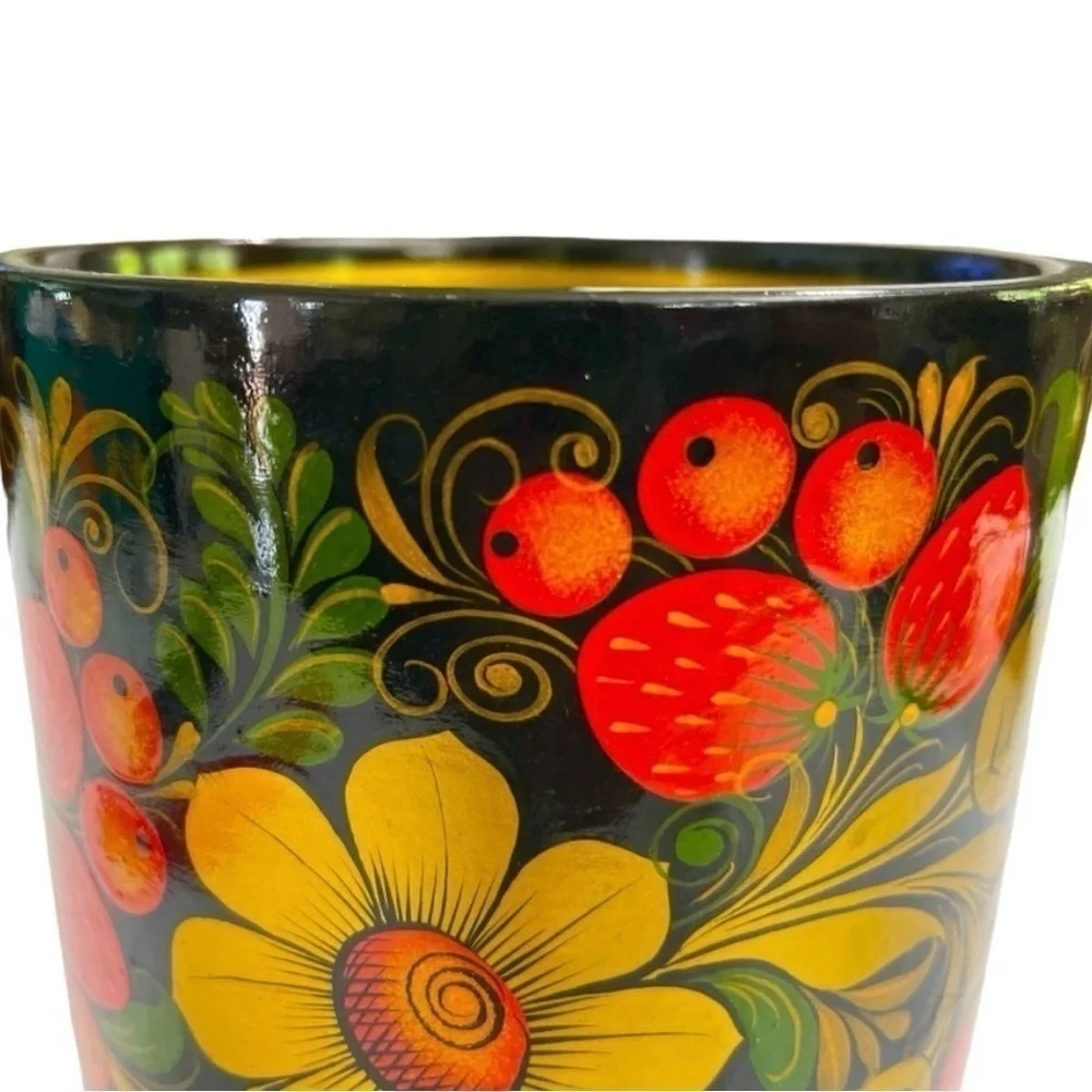 Vintage Russian Khokhloma Hand Painted Wood Floral Vase Folk Art